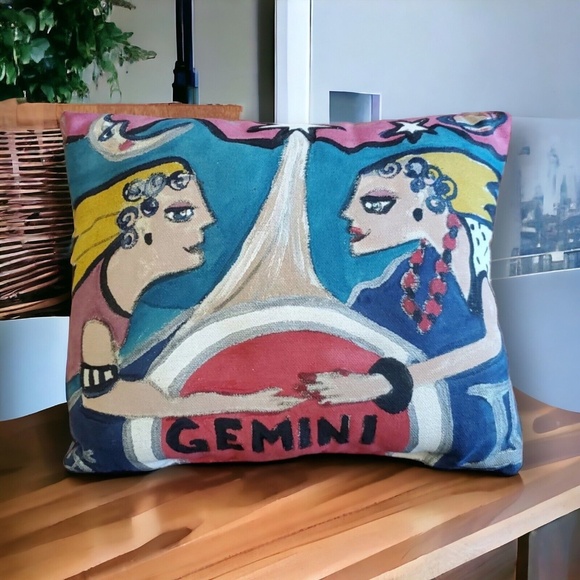 ZODIAC Accent Throw PILLOW GEMINI Hand Painted R Fox PILLOW 9.5 X 10.25" - Picture 1 of 12